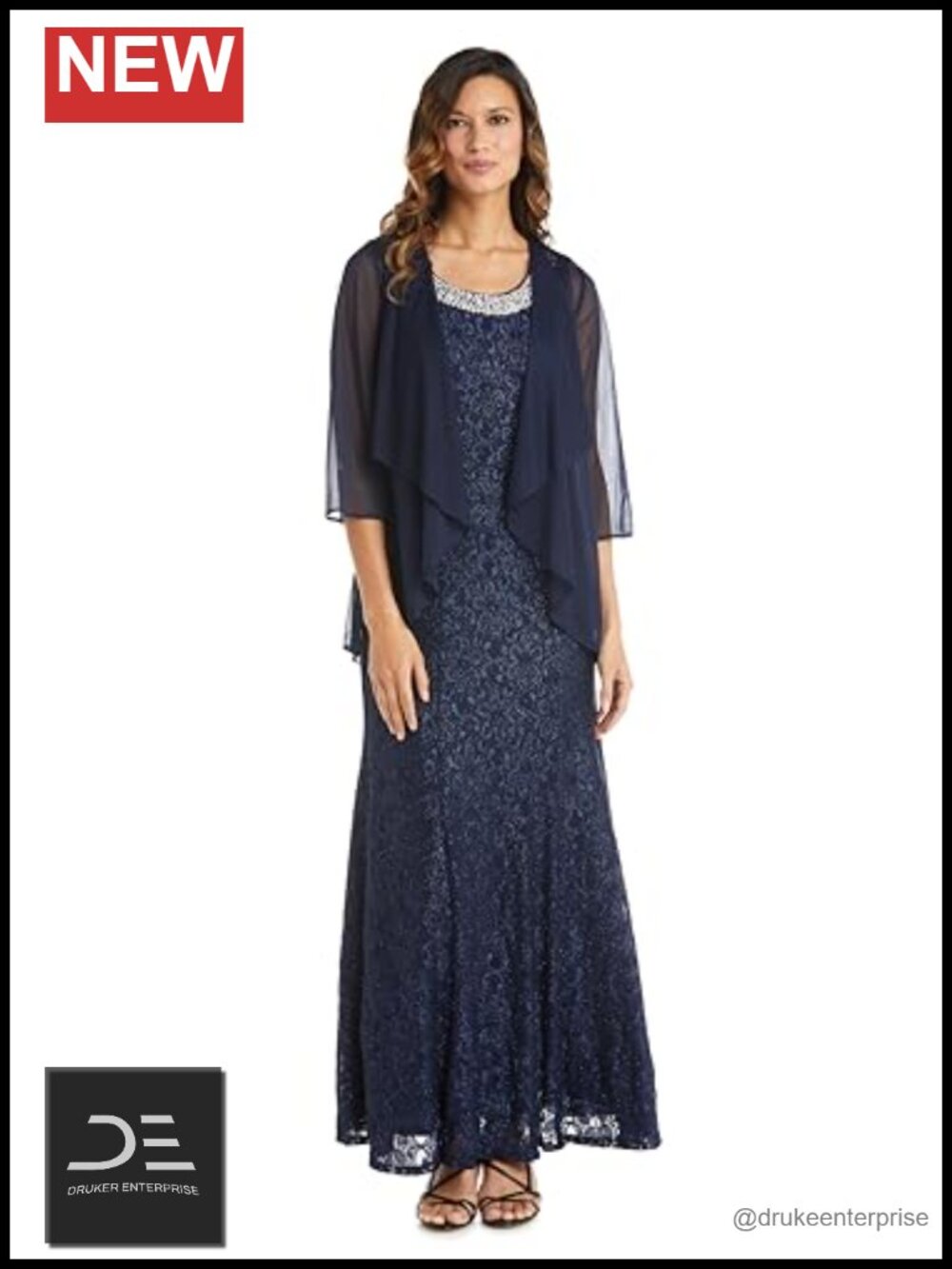 Floral Glitter Lace 2-Piece Long Dress & Chiffon Flyaway Jacket